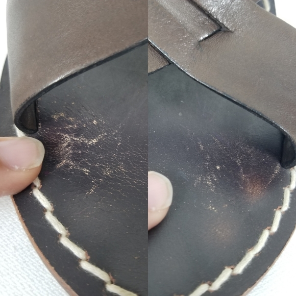 Bernardo Brown Leather Minimalist Bohemian Mid Heel Sandal Wedge Sz 8.5 (Defect) - Picture 14 of 14